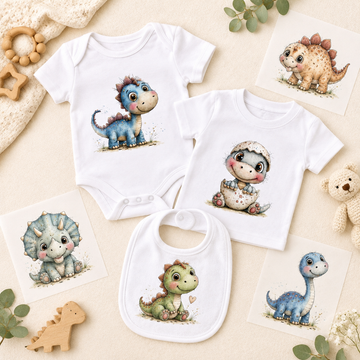 Baby dino transfers on baby vest, tee and bib
